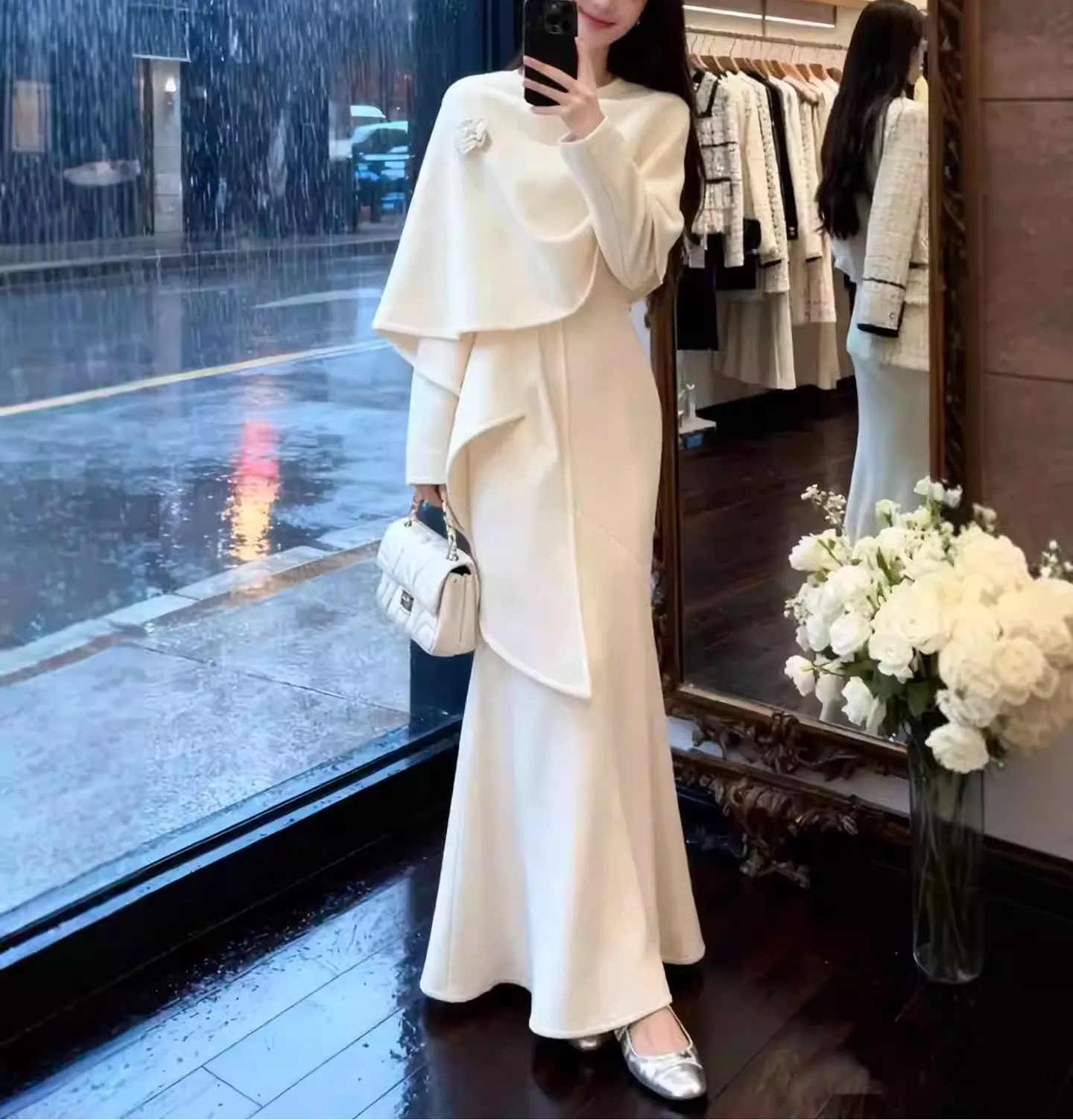 Shawl coat, elegant dress, autumn and winter set