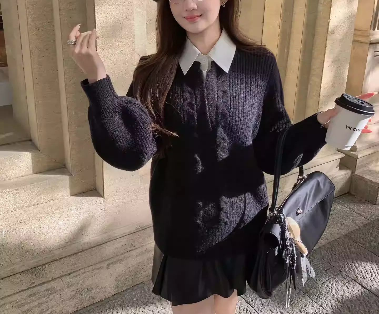 Plus Size Contrast Collar Lantern Sleeve Sweater