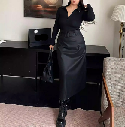 Plus Size High Waist Slim Bodycon Black Leather Skirt