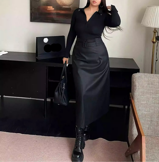 Plus Size High Waist Slim Bodycon Black Leather Skirt