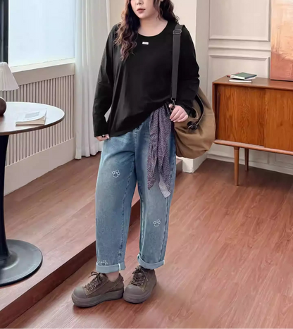 Plus Size Shaping Long Animal Embroidery Denim Wide-Leg Pants