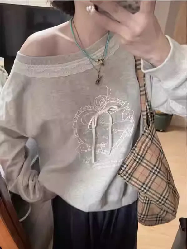 Asymmetrical Shoulder Lace Trim Sweatshirt