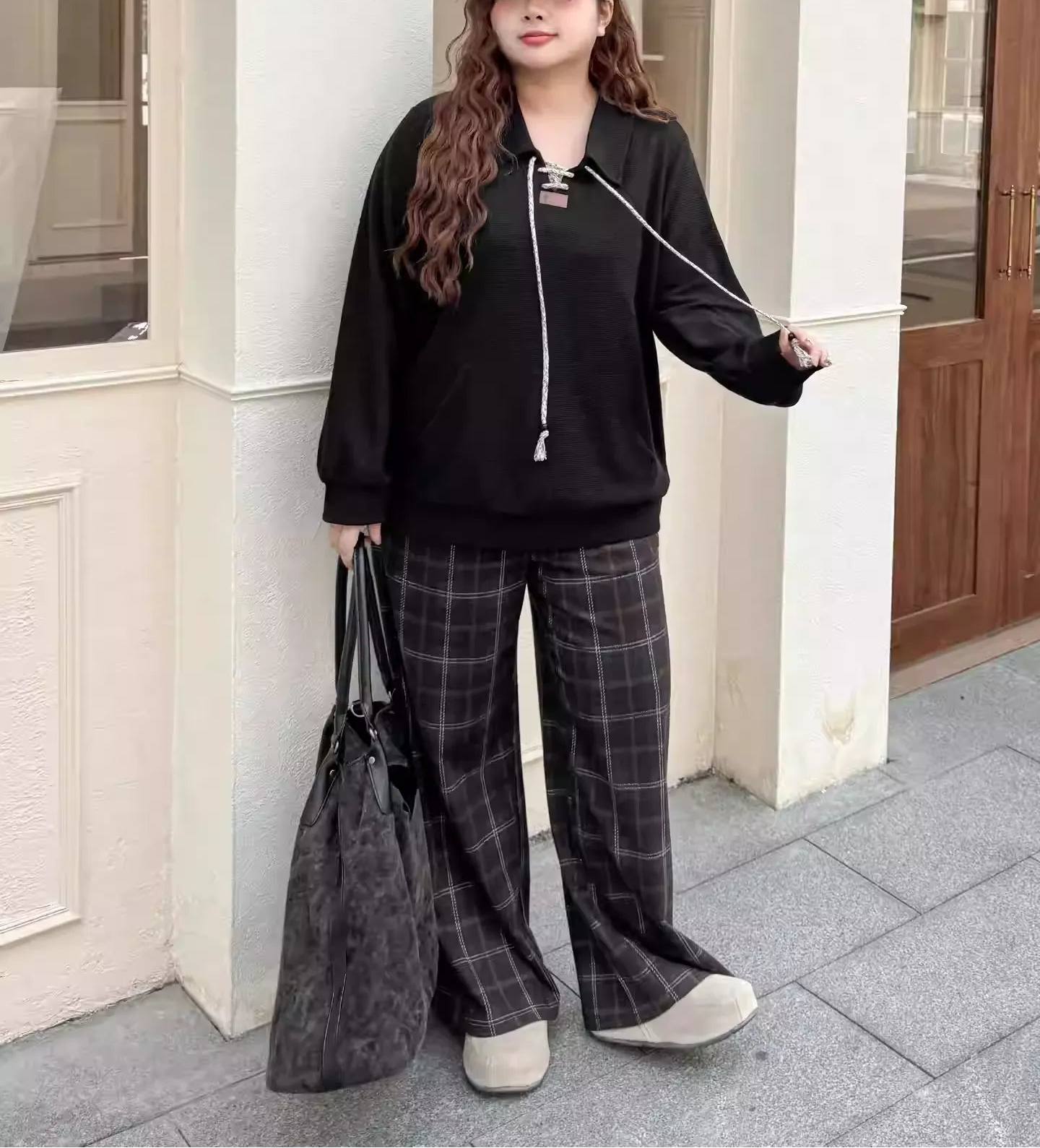 Plus Size Casual Streetwear Waffle Lapel Drawstring Sweatshirt