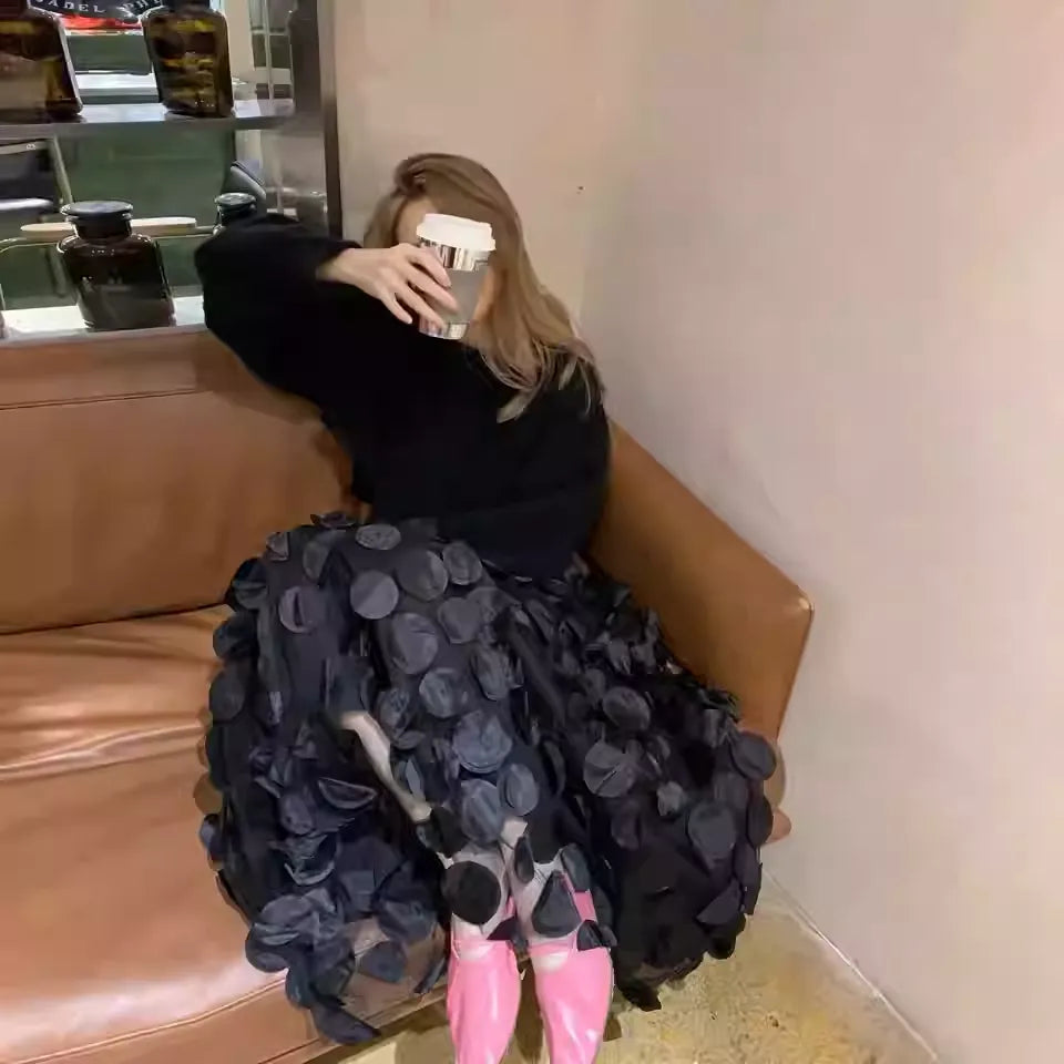 Women's Elastic Waist Maxi A-Line Tulle Skirt 3D Sequin Discs New Arrival