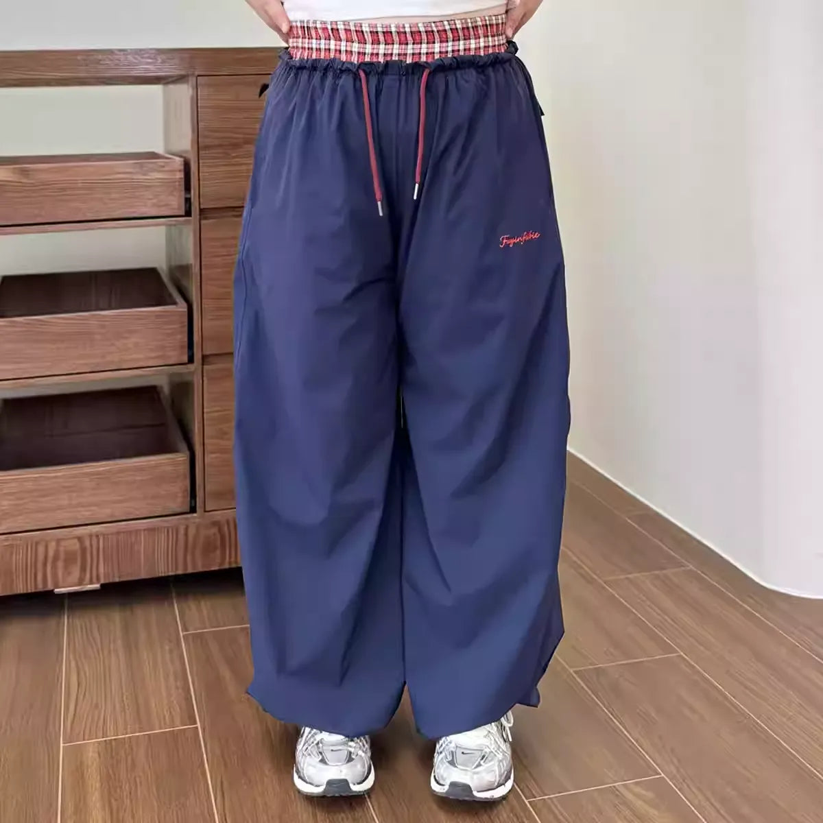 Plus Size Plaid Waist Patch High Waist Wide Leg Embroidery Casual Pants