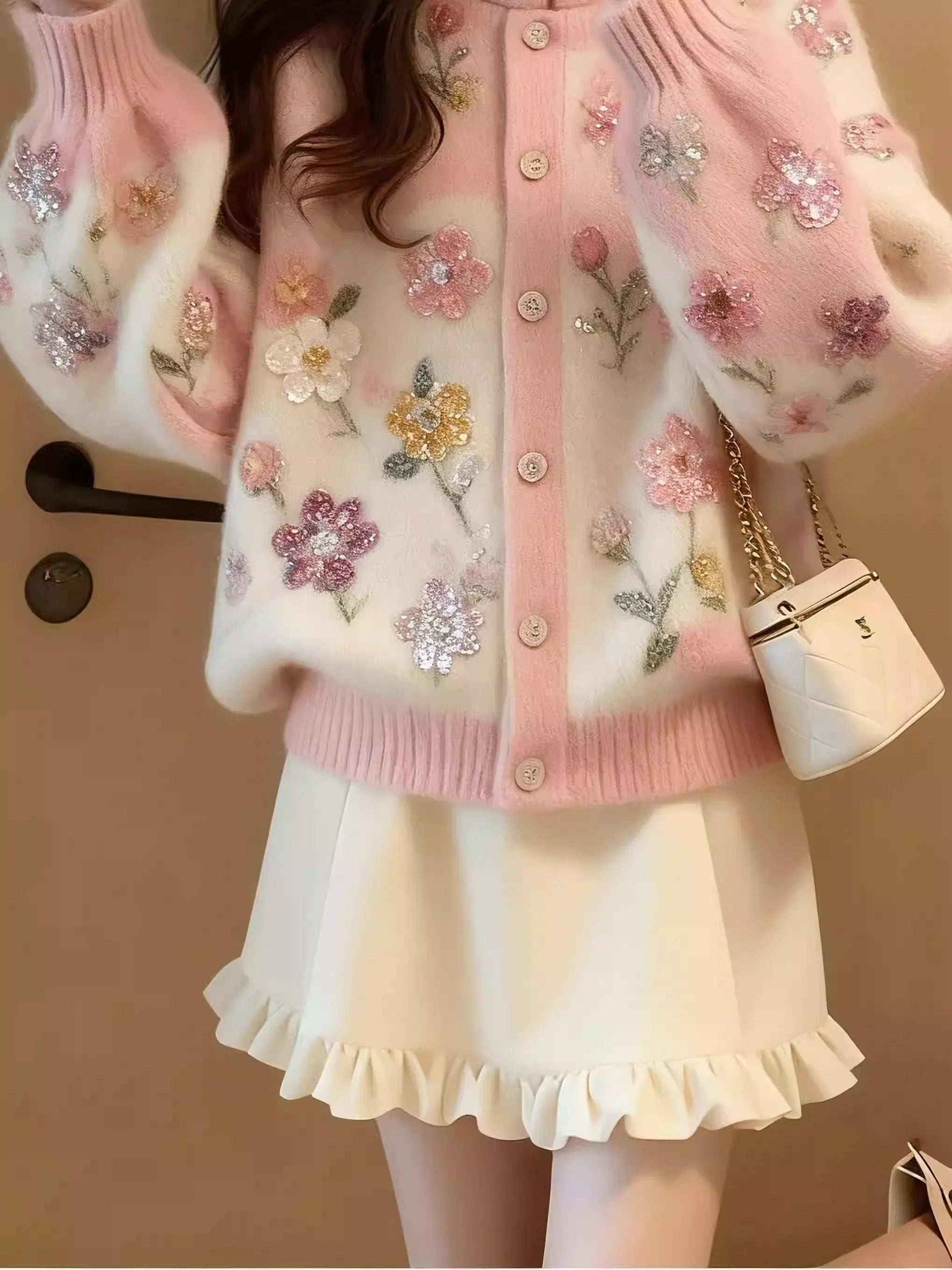 Floral print lamb wool cardigan pink two-piece set
