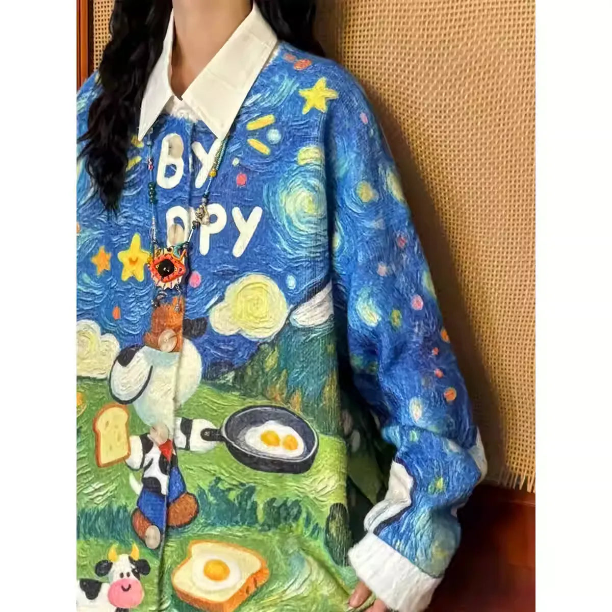 Women's Artistic Starry Sky Oil Painting Playful Print Cardigan Jacket New Arrival