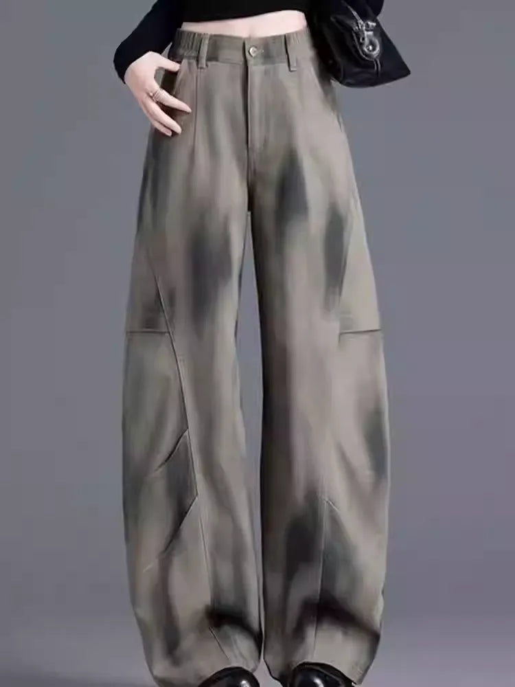 High Waist Tie Dye Curved Leg Cargo Jeans - Loose Fit