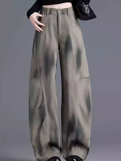 High Waist Tie Dye Curved Leg Cargo Jeans - Loose Fit