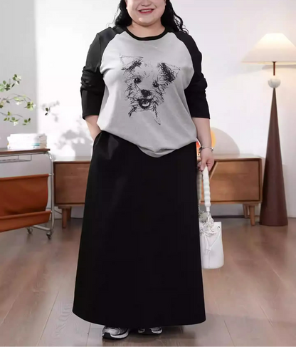 Plus Size Black & Gray Color Block Dog Print Long Sleeve Top