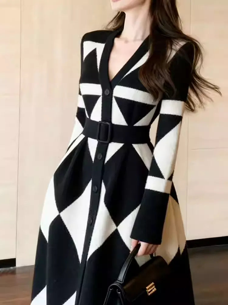 Diamond-patterned dress, retro geometric style long skirt
