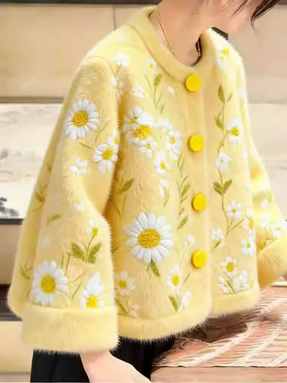 Yellow Embroidery Jacquard Knit Coat