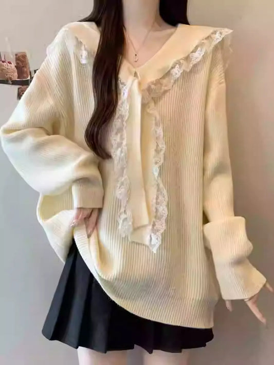 New Sweet Youthful Lace Patchwork Sailor Collar Sweater