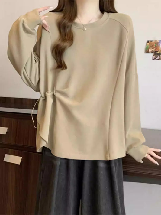 Plus Size Solid Color Ruched Tie Front T-shirt, Loose Tummy Hide Top