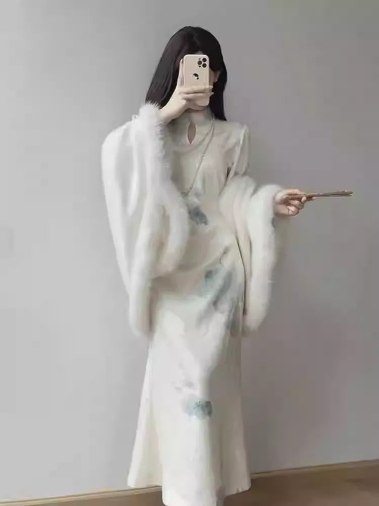 New Chinese style fleece-lined cheongsam skirt