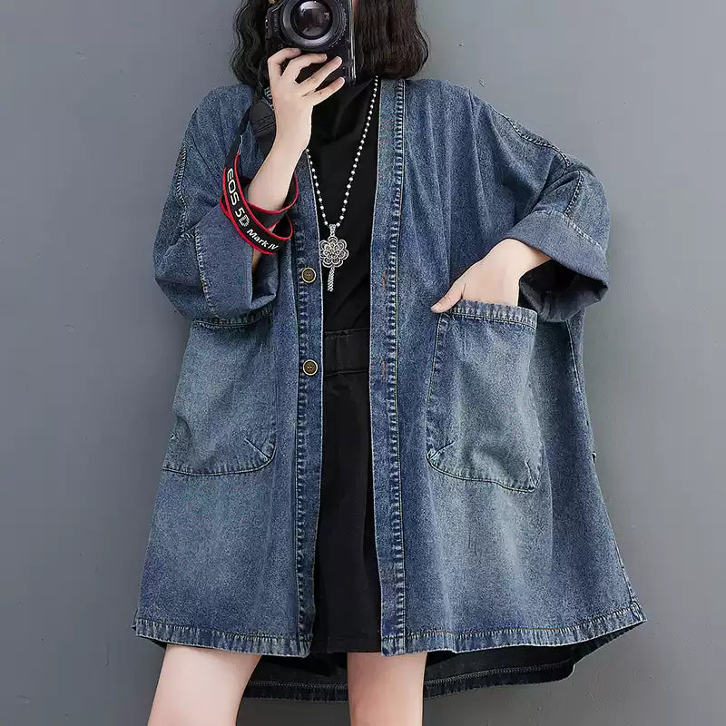 Women's Oversized Denim Trench Coat – V-Neck Design & Functional Pockets