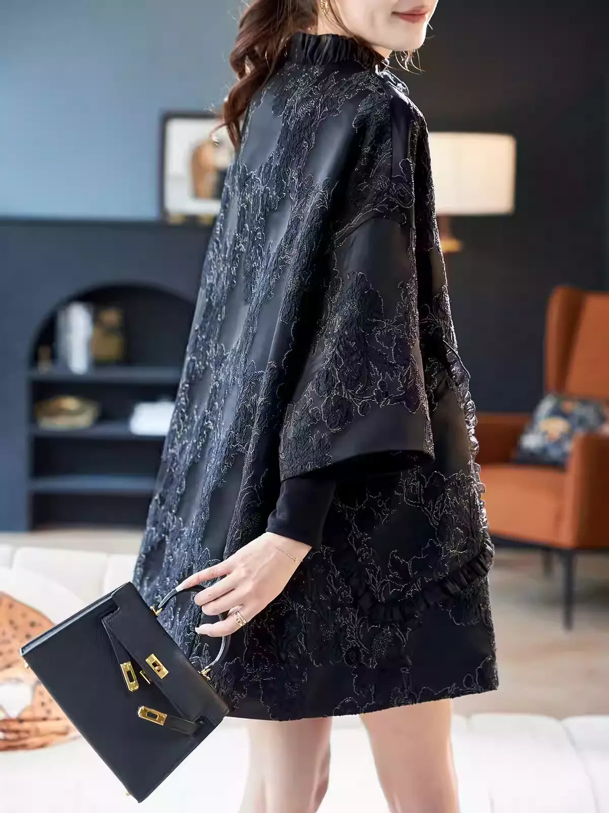 Batwing Sleeve Metallic Thread Jacquard Coat