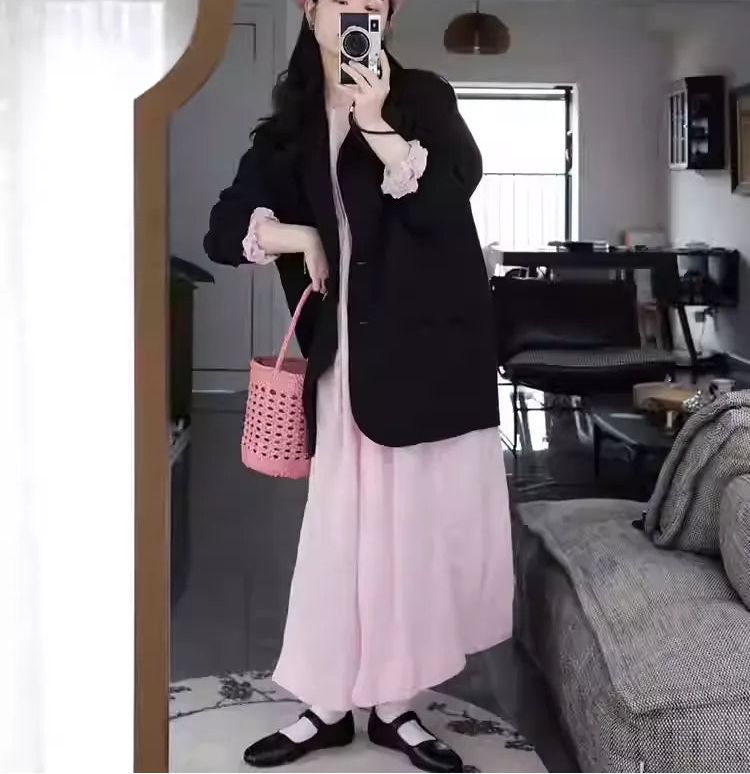 Pink Fine Stripe Puff Sleeve Elegant Maxi Dress