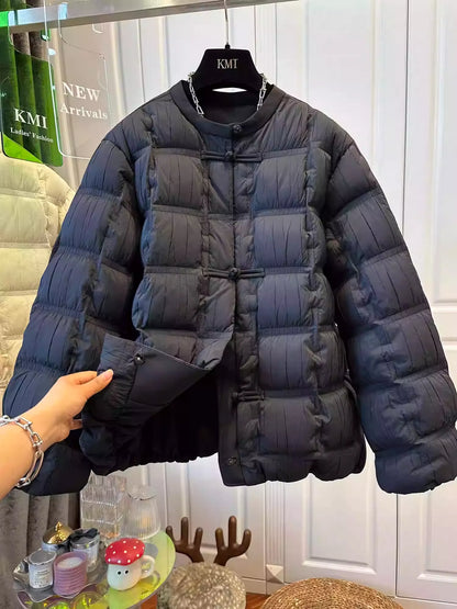 Elegant Pleated Down Coat with Frog Buttons