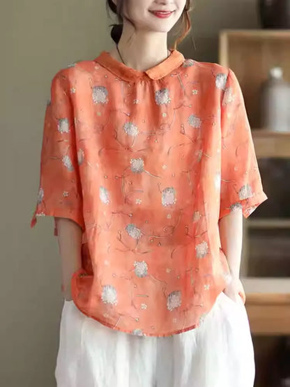 Ditsy Floral Ramie Cotton Linen Short Sleeve Casual Shirt
