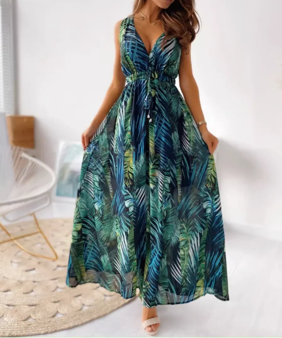 European American Style V-Neck Backless Tie Waist Printed Sundress