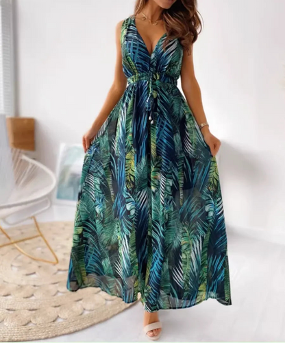 European American Style V-Neck Backless Tie Waist Printed Sundress