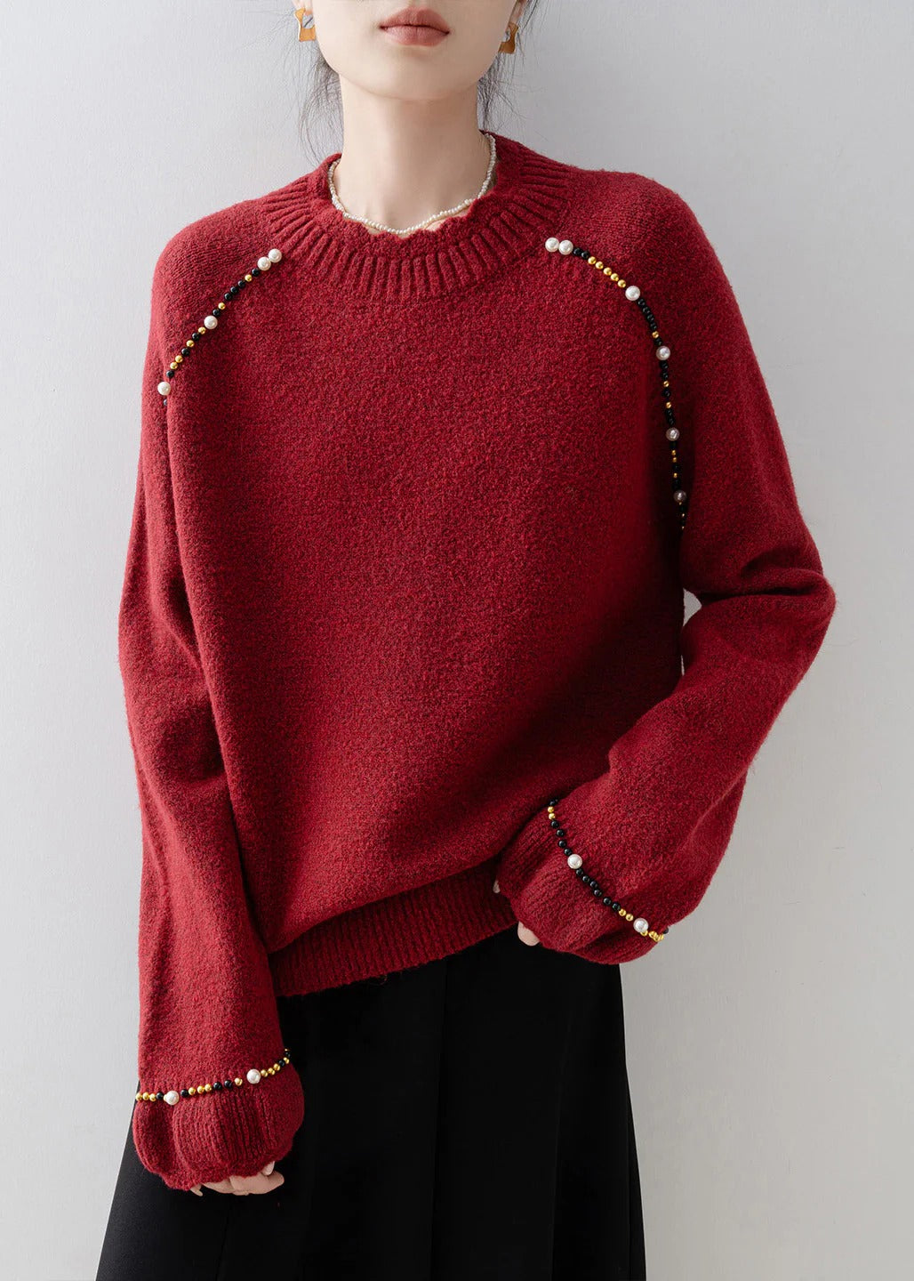 Plus Size Red O Neck Nail Bead Knit Sweater Spring