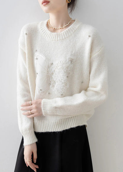 Women White O Neck Butterfly Zircon Knit Sweater Tops Spring
