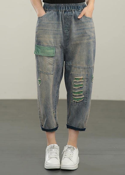 Plus Size Blue Elastic Waist Hole Denim Pants Summer