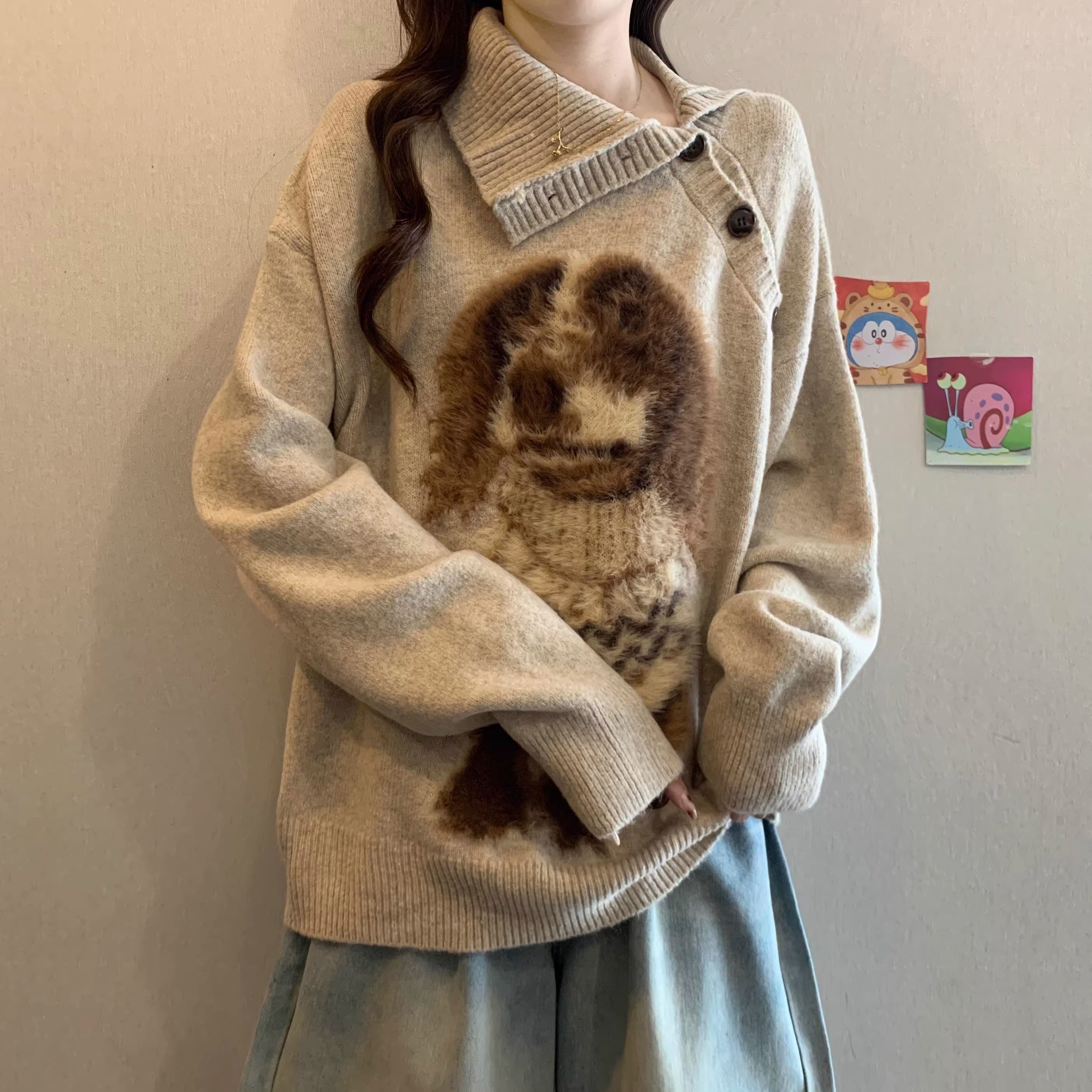 Neck Puppy Jacquard Plus-Size Pullover Sweater