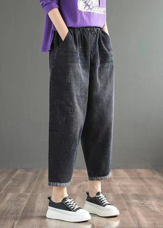 Fine Blue Elastic Waist Pockets Casual Harem Fall Denim Pants