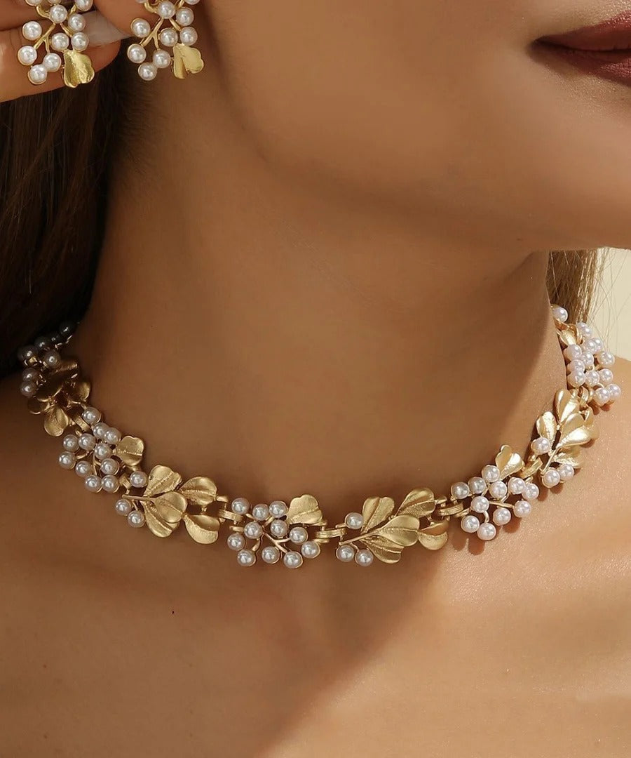 Handmade Pearl Metal Ginkgo Leaf Hollow Necklace Earring Set