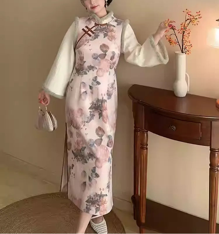 Plus Size New Chinese Style Velvet Lined Fake Two-Piece Qipao Dress