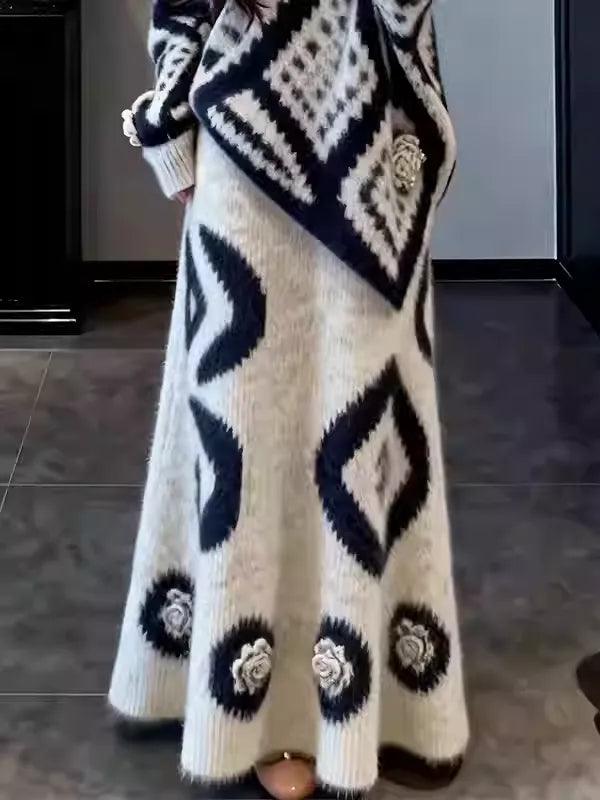 French-style gentle geometric pattern knitwear set