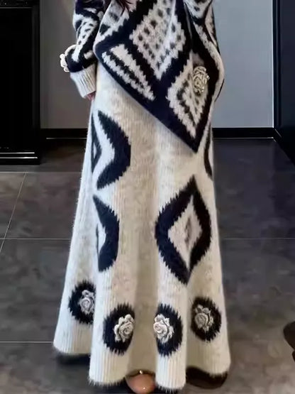 French-style gentle geometric pattern knitwear set