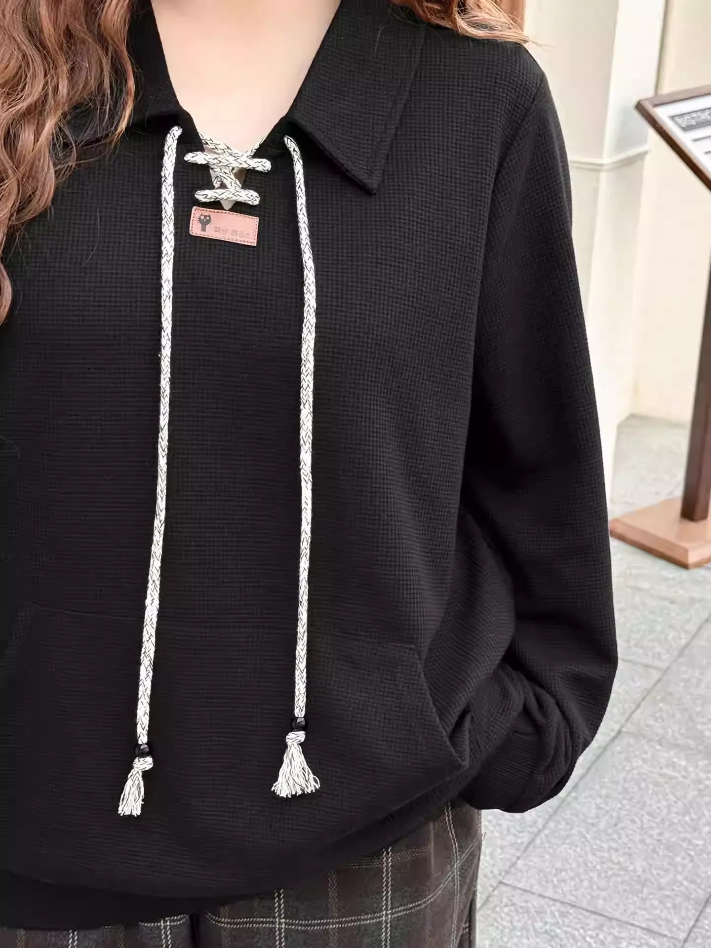 Plus Size Casual Streetwear Waffle Lapel Drawstring Sweatshirt