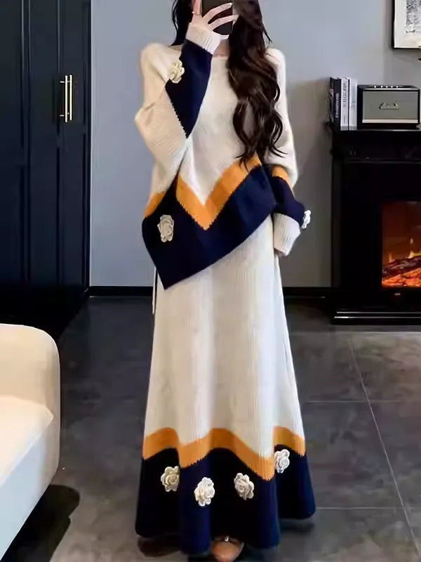 3D floral knit elegant and slimming two-piece set