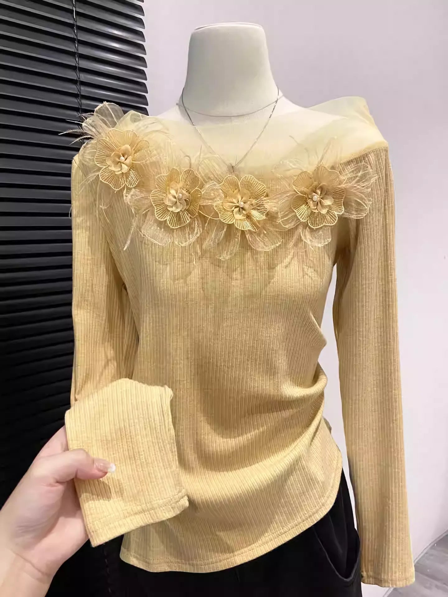 Women's 3D Floral Lace Mesh Long Sleeve Top