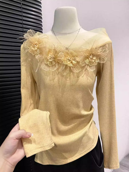 Women's 3D Floral Lace Mesh Long Sleeve Top