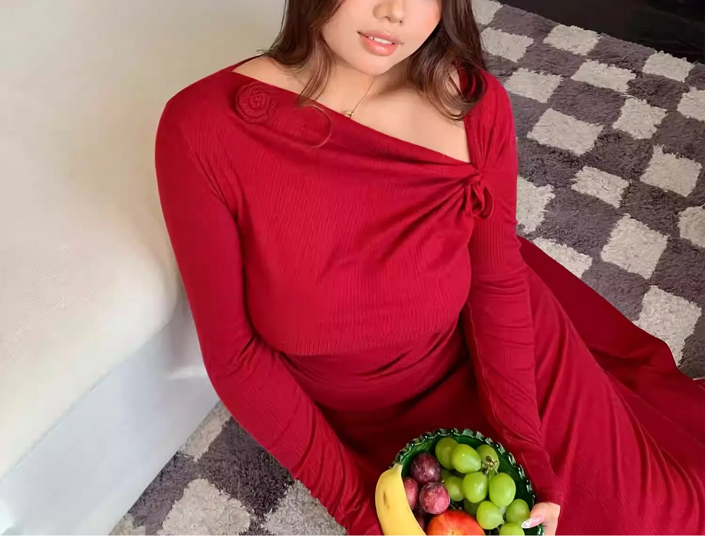 Plus Size Red Knit Long Sleeve Waist Maxi Dress