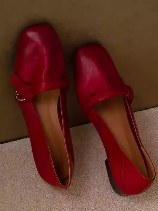 New Arrival Red Genuine Leather Low Heel Square Toe Low-Cut Pumps