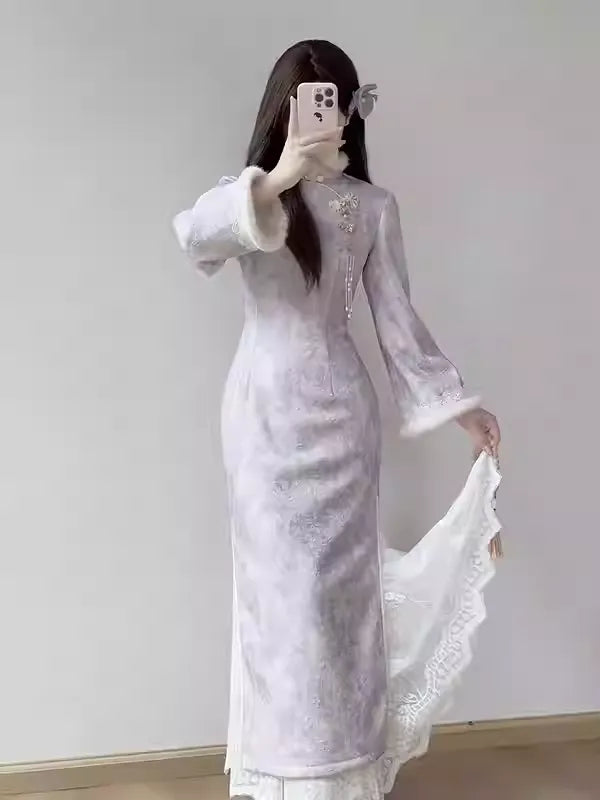 New Chinese style purple fleece-lined cheongsam