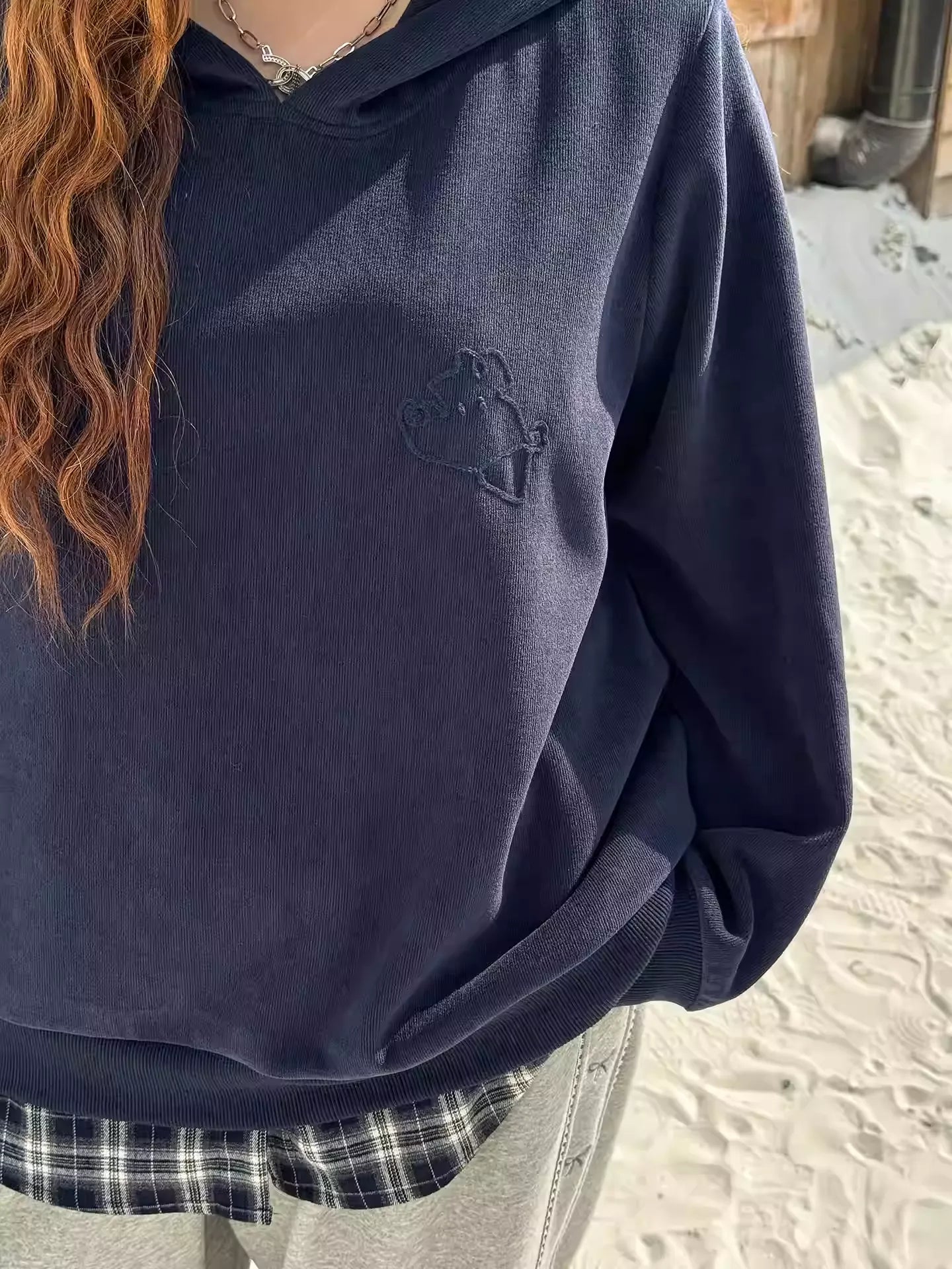 Plus Size Streetwear Fake Two-Piece Hoodie, Winter Knitted Puppy