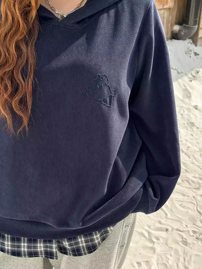 Plus Size Streetwear Fake Two-Piece Hoodie, Winter Knitted Puppy