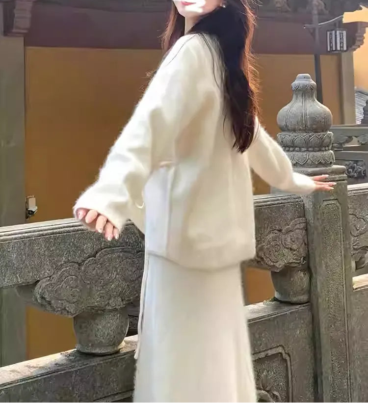 New Chinese style white sweater dress