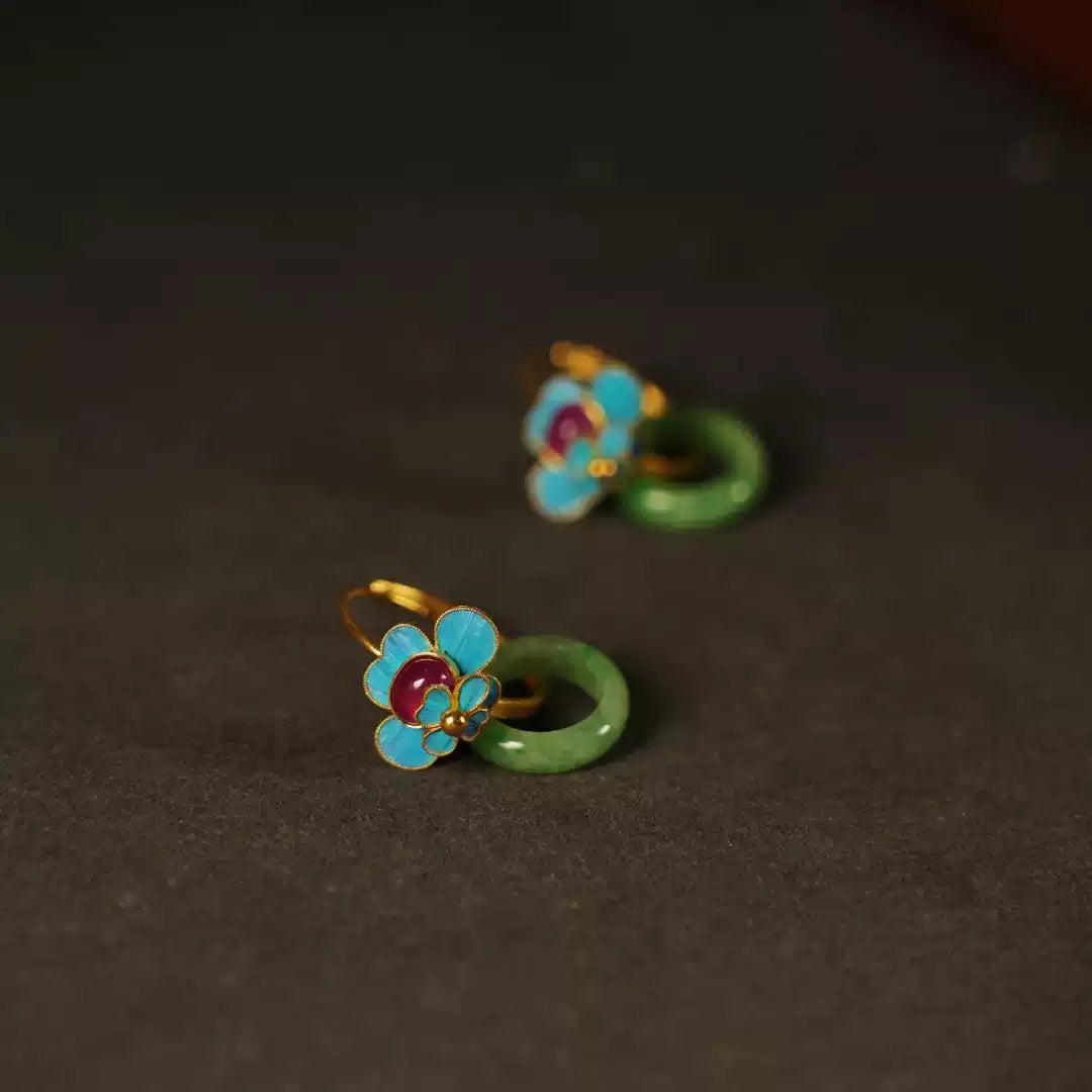 Tourmaline Blue Simulated Jade Ping An Kou Earrings - Chinese Style Elegant Jewelry