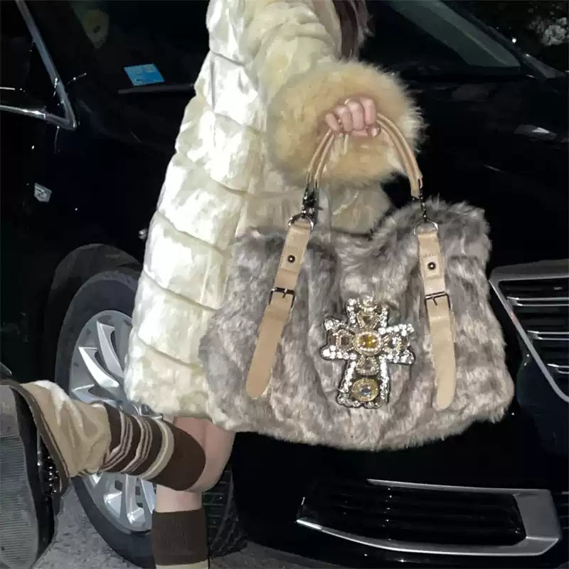 Faux Mink Fur Texture Gemstone Underarm Bag | Minimalist & Elegant Shoulder Work Bag