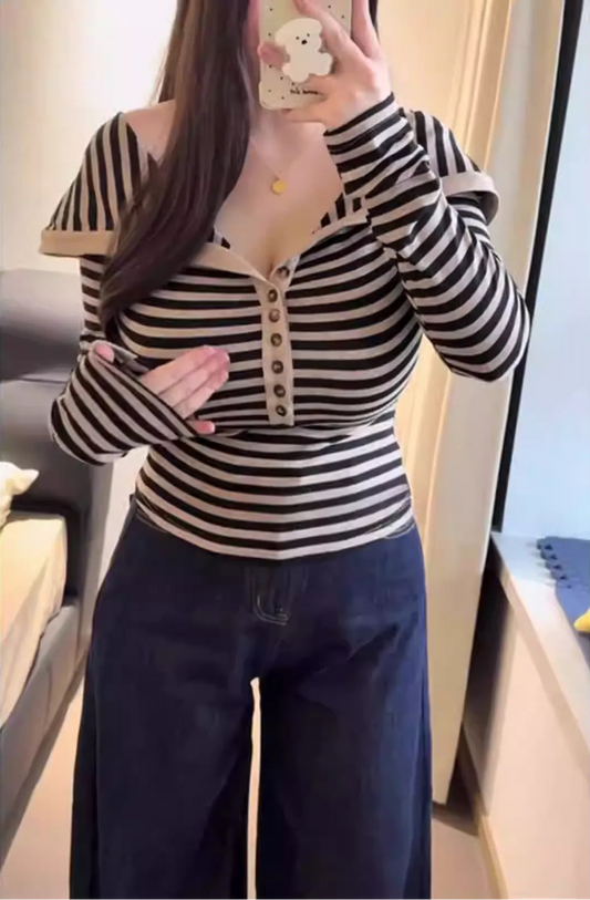 Plus Size Striped Off-the-Shoulder Long Sleeve Base Layer with Buttons