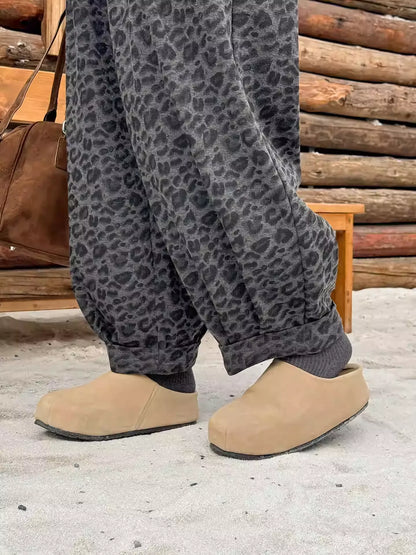 Plus Size Leopard Fleece Pants, American Elastic Waist Cuffed