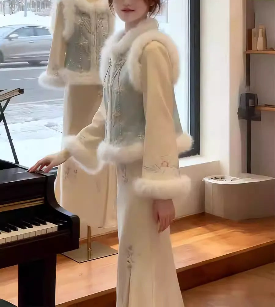 A two-piece set featuring Chinese-style vest and cheongsam skirt.